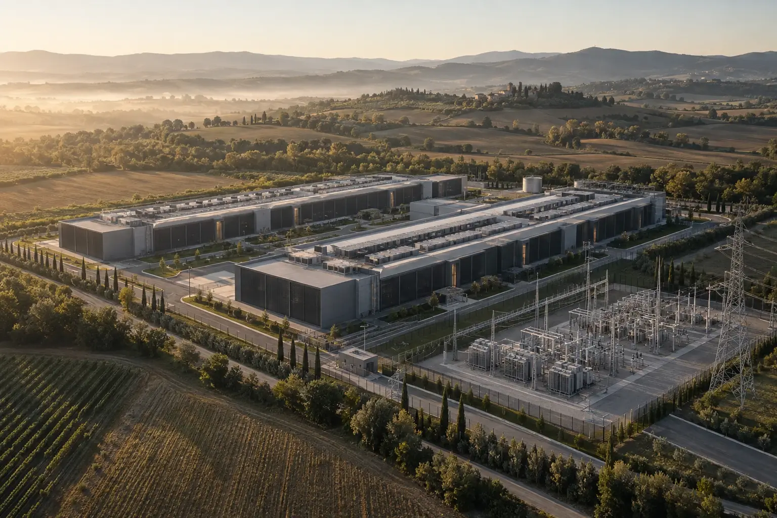 Aerial view of a data centre campus with an electrical substation, among fields and hills