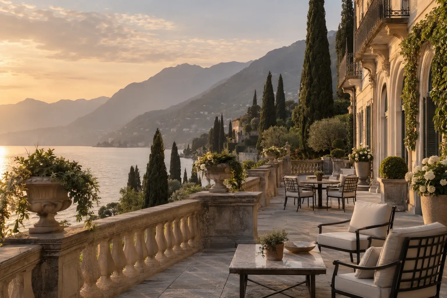 Stone terrace of a historic villa above a lake, with cypresses and mountains at sunset