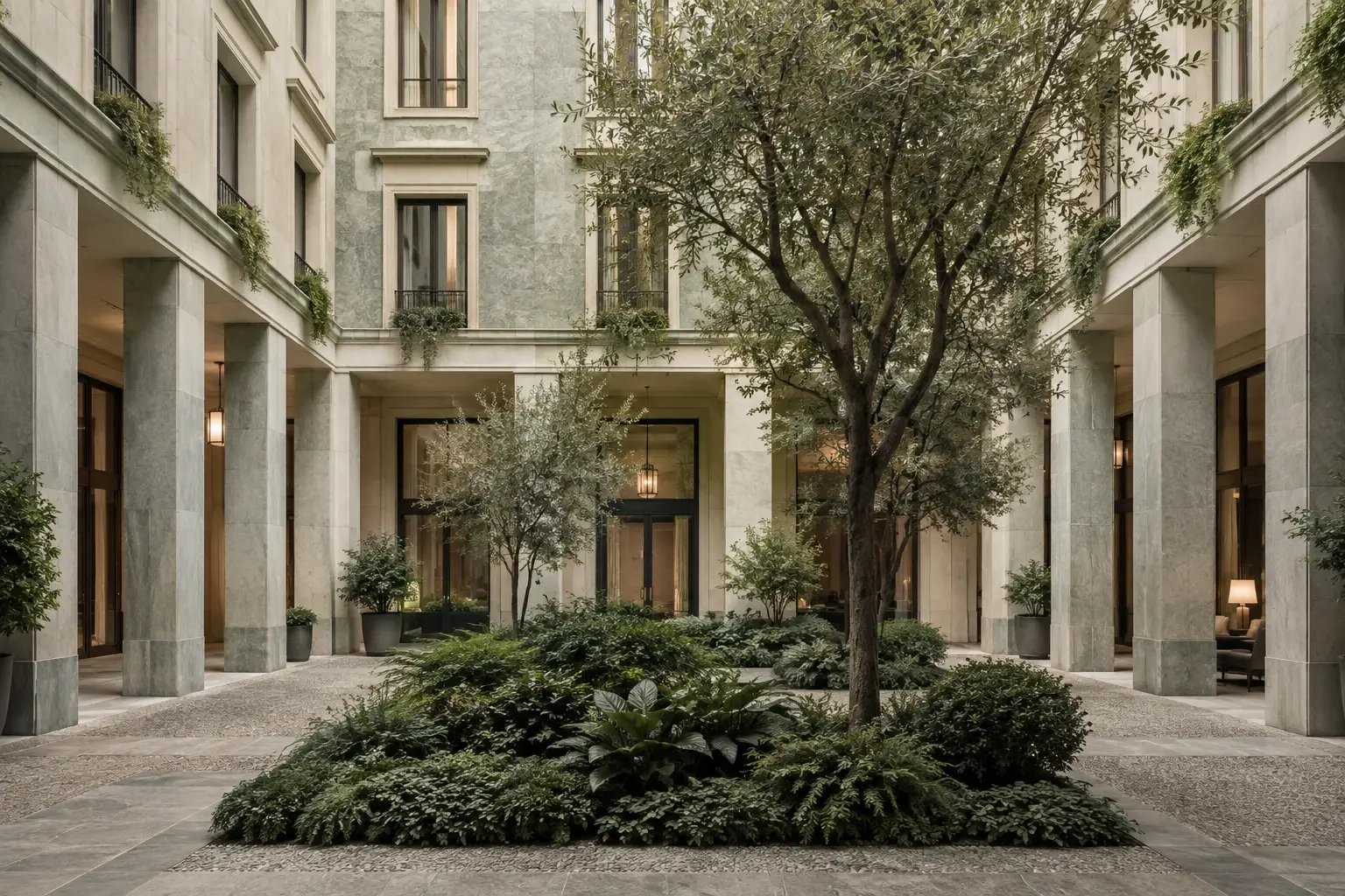 Inner courtyard of an urban palazzo, with a pillared portico and a garden at its centre
