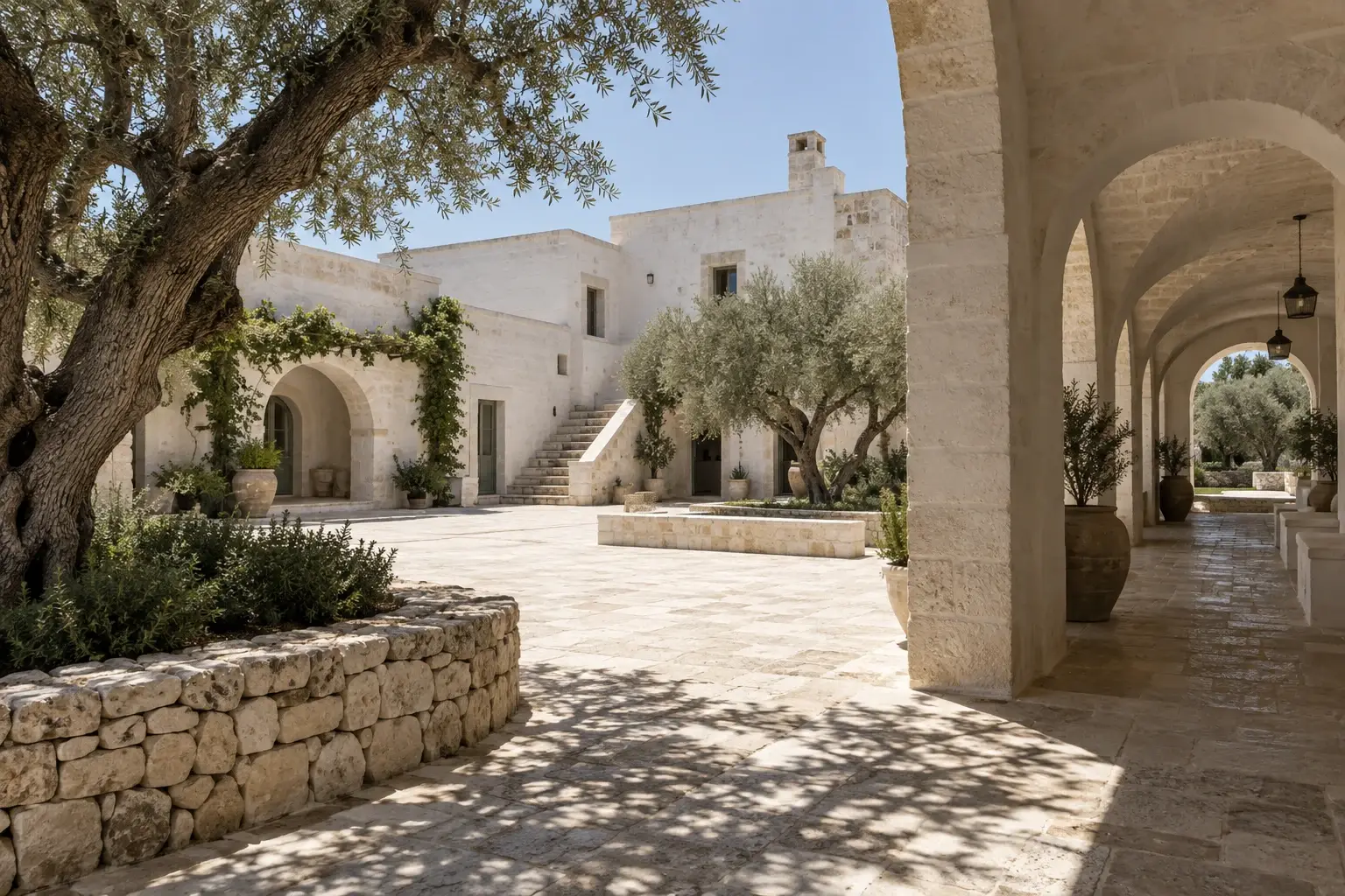 Courtyard of a whitewashed stone masseria with an arched gallery and olive trees, in the style of Puglia