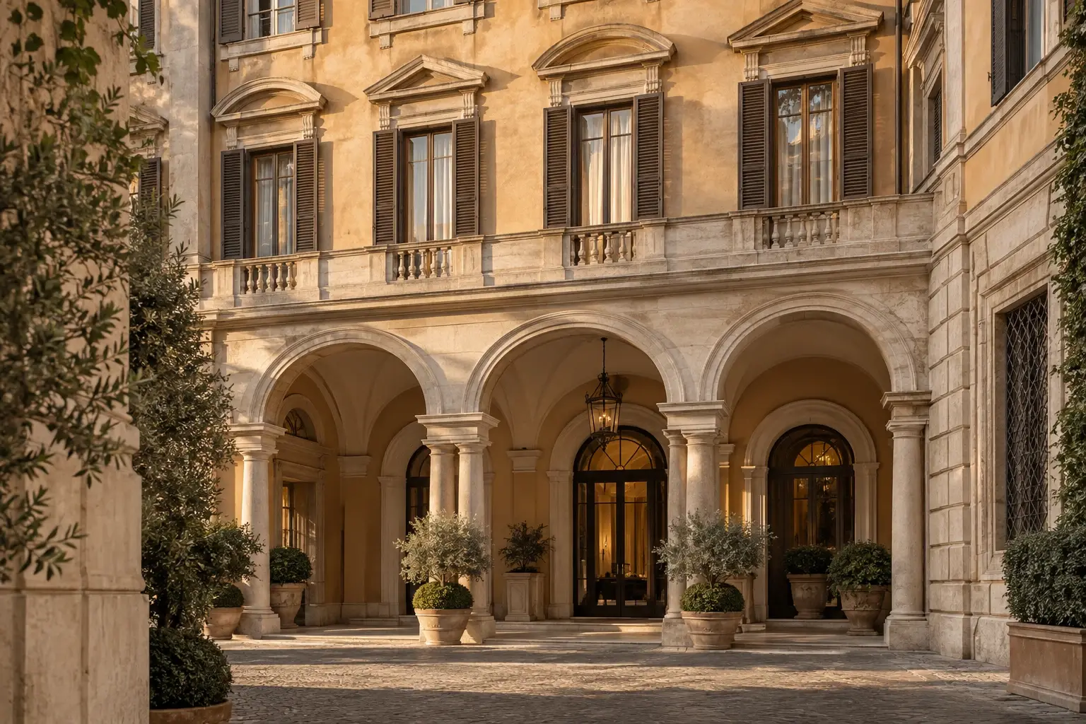 Façade of a historic Italian palazzo with an arched portico and potted olive trees, in warm light