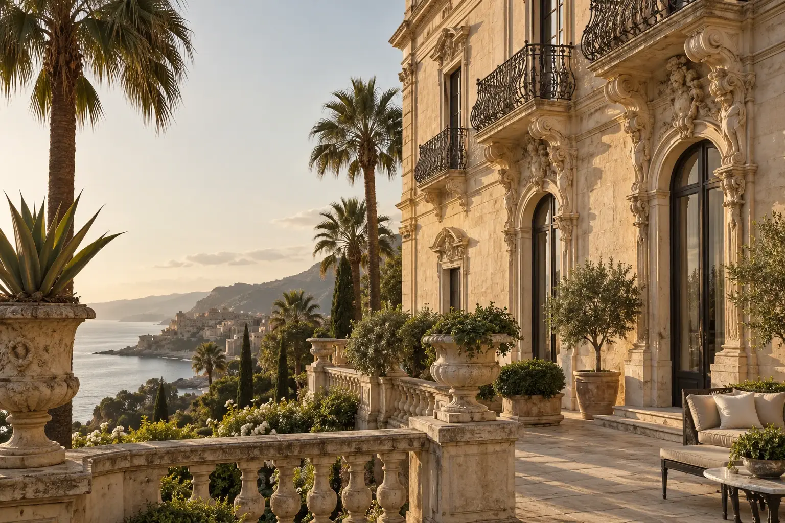 Stone terrace of a historic palazzo above the coast, with palms and planted urns in warm light
